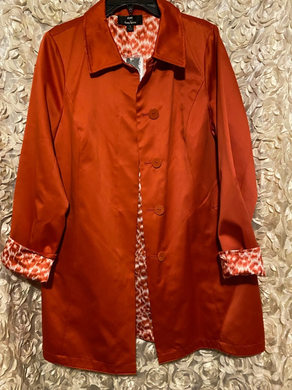 Orange and White Printed Satin  Reversible Trench Coat